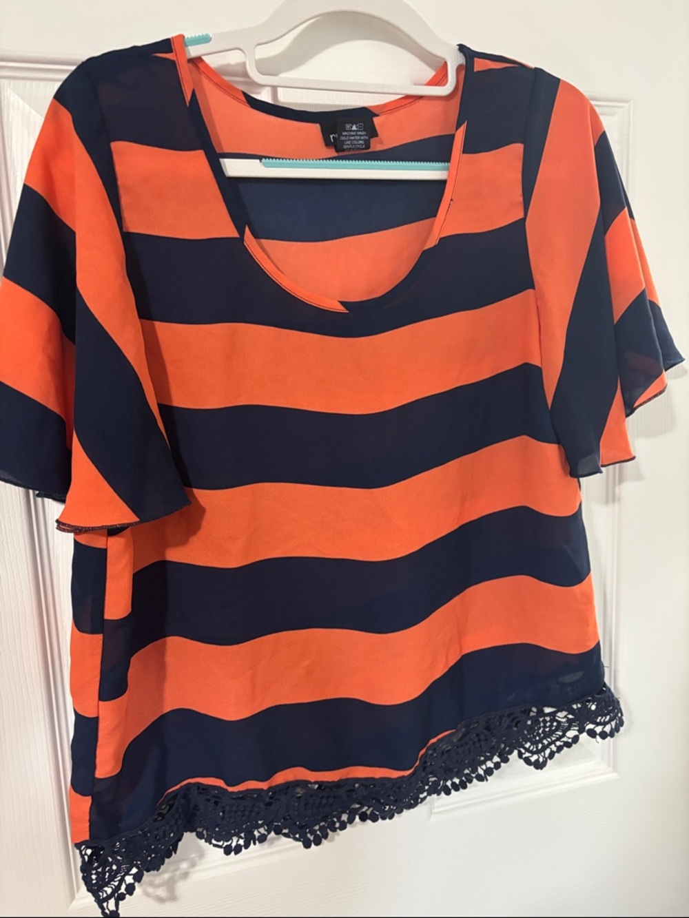Rue21 Orange & Navy Striped Crochet-Hem Blouse